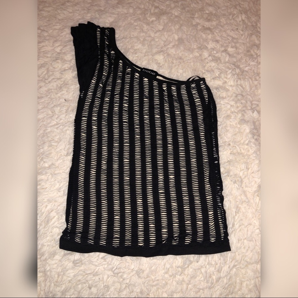 Bebe beige and black one shoulder top